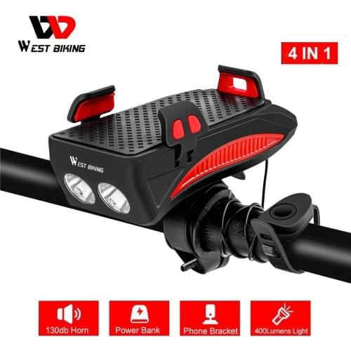 WEST BIKING Multifunction Bike Light 4 in 1 Bicycle Flashlight Bike Bell Phone Holder Power Bank 400Lumens Cycling Front Lights