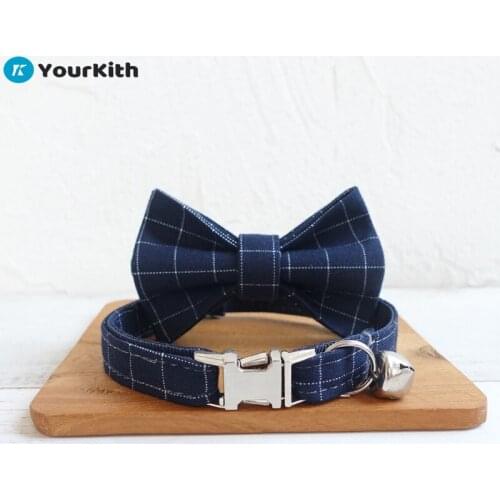 YourKith Cat Accessory Cat Collar Personalized And Bow Tie Set Polyester The Blue Plaid Adjustable Length 2 Sizes