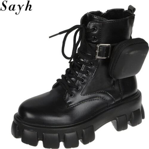 2020 Fashion Pocket Ladies Boot for Women Boots Thick Bottom Lace Up Platform Military Combat Runway Zipper Ankle Boot big size