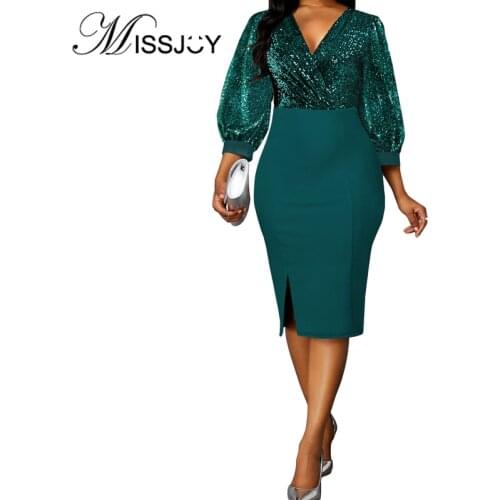MISSJOY V-Neck Patchwork Pencil Women Dress 3/4 Sleeves Party Formal Elegant 2020 Spring Knee-Length High Waist Plus Size Female