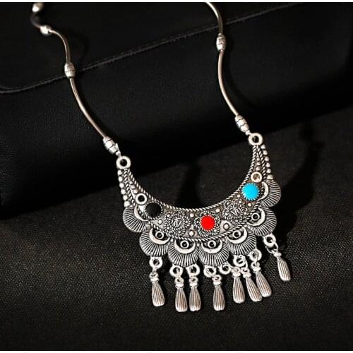 Vintage Ethnic Gypsy Nepal Necklace Womens Statement Jewelry Silver Color Tassel Necklaces Pendants Collares
