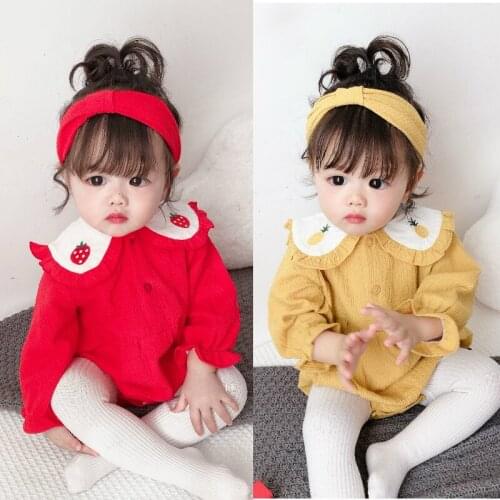 Baby Girl Clothes 2 Piece Fruit Pineapple Strawberry Embroidery Peter Pan Collar Long Lotus Sleeve Baby Bodysuit+headband 0-18M