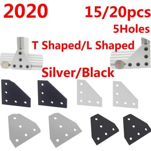 2020 3D Printer T Shaped/L Shaped Silver/Black Aluminium 60x60x4mm Angle Connection Joint Corner Joining Plate 5Holes 15/20pcs