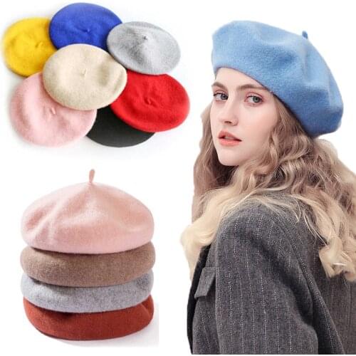 2021France Beret Hat Painter Flat Cap Women Vintage Wool Berets Hat Solid Color Bonnet Caps Casquette Female Warm Winter Cap