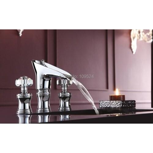 Free shipping chrome WIDESPREAD LAVATORY BATHROOM SINK FAUCET crystal handles knobs faucet