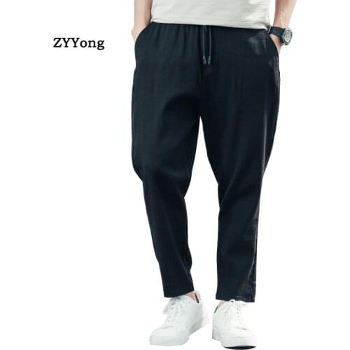 Mens Ankle Length Pants Straight Loose Large size Breathable Summer Sportswear Comfortable Men Thin Section Black Trousers