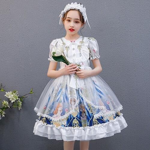 2021 Kids Kawaii Sweet Cute Princess Lolita Dress Girls Summer Vintage Printed Lace Bowknot White Skirt And Headband Lolita Suit