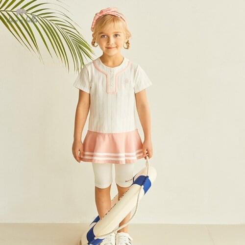 DKY17413-1 dave bella summer girls 5Y-13Y fashion cartoon striped draped dress children sweet dress kids infant lolita clothes