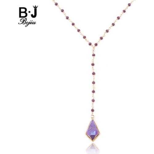 BOJIU Long Ladies Druzy Pendant Necklaces Chain Jewelry Tiny Crystal Beads Bohemia Purple Drusy Stone Necklace Women Gift NKS211