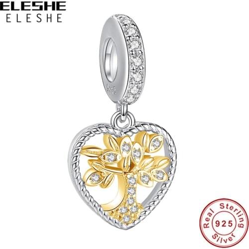ELESHE Crystal CZ Heart Gold Life of Tree Charm 925 Sterling Silver Fashion Bead for Women Fit Silver 925 Bracelets DIY Jewelry