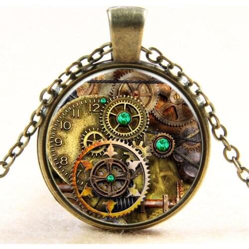 Best selling retro photo alloy jewelry Bronze Glass Gear Steampunk Necklace Dome Pendant Handcrafted Jewelry