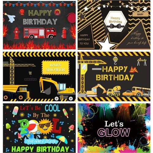 Laeacco Fireman Fire Truck Baby Cartoon Happy Birthday Party Customized Banner Portrait Photo Background Photography Backdrops