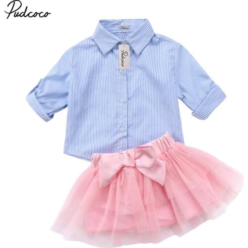 Summer Kids Baby Girl Princess Stripe Outfits Clothes Blue T-shirt Tops Lace Bowknot Tutu Skirts Set 2pc Girls Clothing