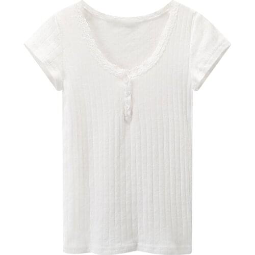 PUWD Y2K Cute Girl Cotton Hollow Out Lace T-Shirt Fashion Ladies Slim Short Sleeve Button Tops Women 2021 Summer O Neck Tees