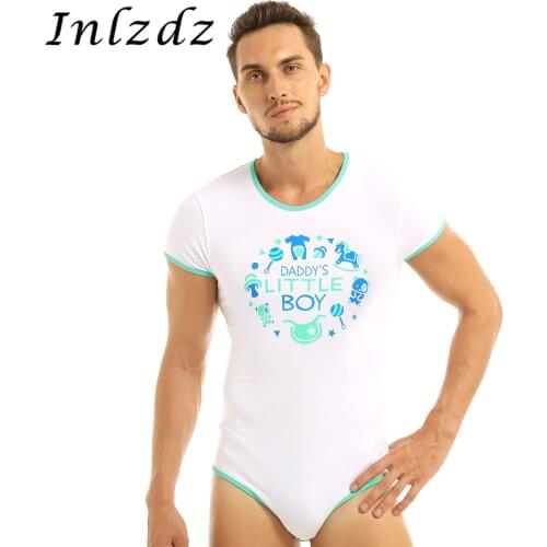 Mens Lingerie Teddy Bodysuit Round Neck Short Sleeves Press Button Crotch Front Printed Bodysuit Diaper Lovers Romper Pajamas