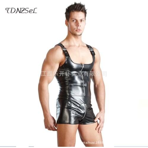 Mens Sexy Black PU Leather Erotic Zipper Open Crotch Bodysuit Adjustable shoulder strap Clubwear Open Chest Tank Playsuits 2018