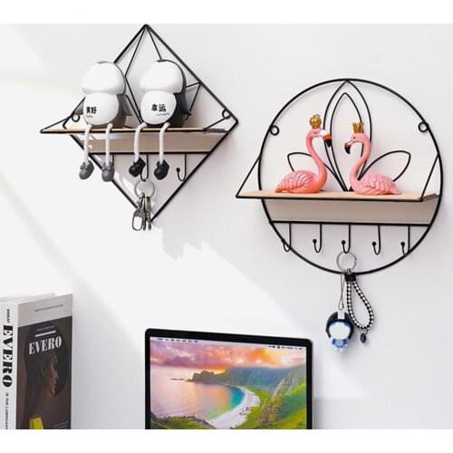 Wrought Iron Wall Shelf Wall-Mounted Storage Rack Decorative Ornaments Shelves Creative Bathroom Facial Lotion Holder with Hooks