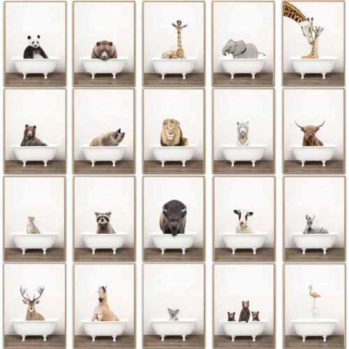 Baby Animal Painting Elephant Lion Zebra Bathtub Nursery Wall Art Canvas Posters Prints Pictures Bathroom Toilet Kid Room Decor