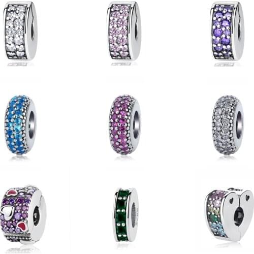 Authentic 925 Sterling Silver Bead Charm Shining Elegance Clip Stopper Charms Crystal Fit Bracelets Women DIY Jewelry