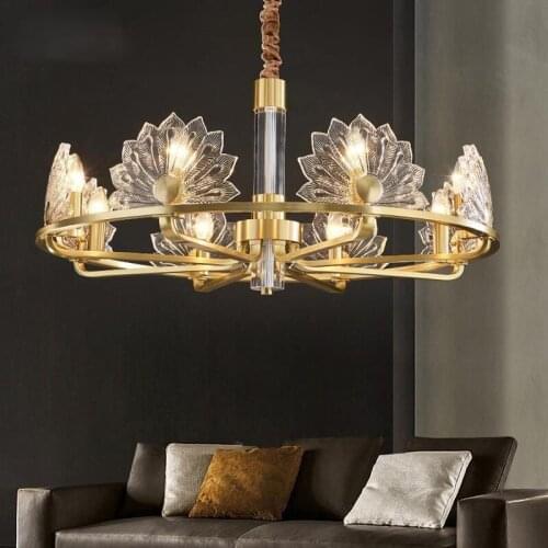 Luxury American Lustre K9 Crystal Led Chandelier Gold Copper Glass Shades E14 Pendant Chandelier Lighting Led Hanging Droplight