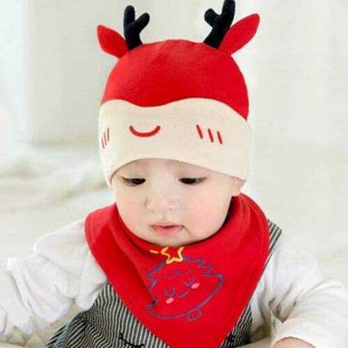 2021 Spring Autumn Cute Cartoon Cotton Baby Hat with Bibs Set for Newborn Infant Candy Color Beanie Boys Girls Headwear 0-12M