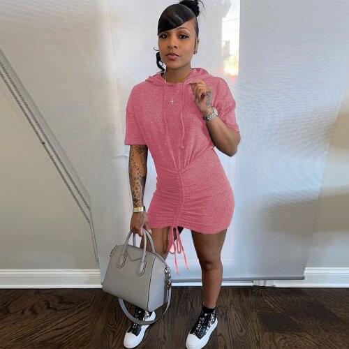 Drawstring Ruched Streetwear Bandage Short Dress Women Hooded Short Sleeve Package Hip Dress Fashion Body Shaping Pencil Dress