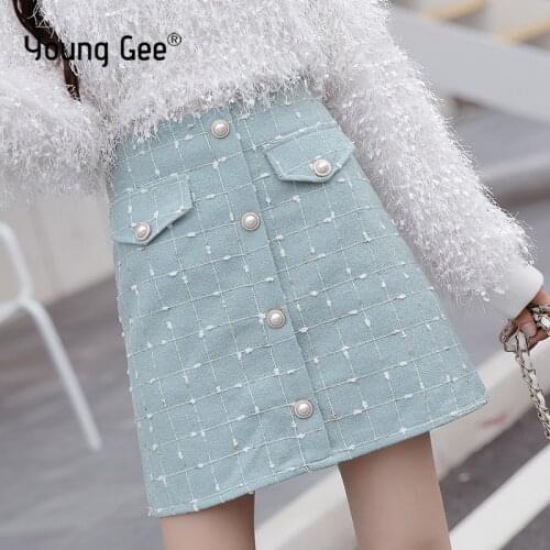 Young Gee tweed woolen plaid women skirt high waist slim tassel elegant womens 2019 autumn winter mini fake pocket skirts jupe
