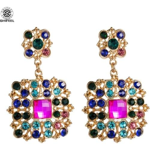 SHIFEEL 2019 New Fashion High grade Retro Geometric square Gem Multicolor Rhinestone Big Drop Earrings Bohemia Women jewelry