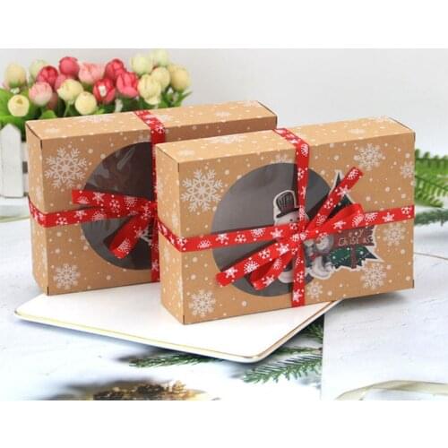 6pcs Kraft Paper Pie Box With Ribbon Candy Gift Bags Cookie Bags Packaging Boxes With Window Christmas Pendant Party Decor