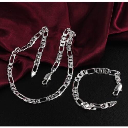 925 sterling Silver necklace bracelet Jewelry set Classic woman Mens 6mm 8mm Geometric chain Party wedding fine free shipping