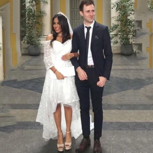 Eightree High Low Lace Wedding Dresses 3/4 Sleeves Off Shoulder Gothic Bridal Dress Asymmetrical Vestido de Noiva Wedding Gown