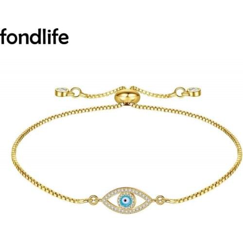 Shiny Cubic Zirconia Brass Gold-plated Blue Evil Eye Charm Bracelet Women Men Delicate Cute Pull Chain Adjustable Jewelry Gift