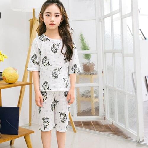 Children cotton boys girls short sleeve shorts white summer home round neck cartoon printed pajamas on sale 61010