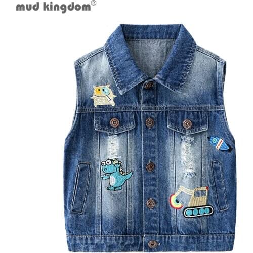 Mudkingdom Little Boys Fashion Ripped Denim Vest with Cute Embroidered Cartoon Spring and Autumn Fashion Children Cowboy Vest