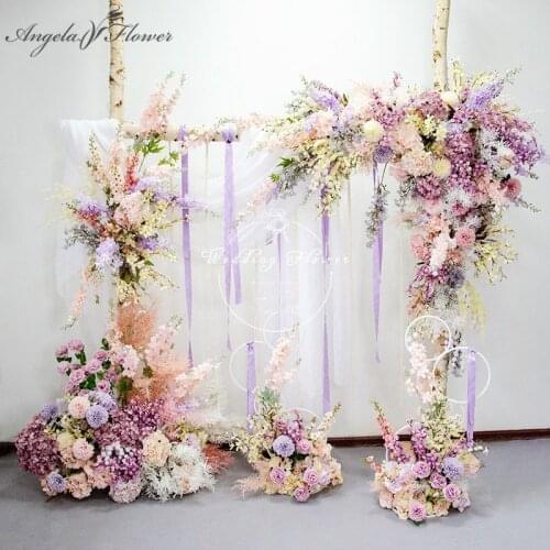 Custom Baby Pink Purple Artificial Flower Row Wedding Arch Decor Backdrop Flower Arrangement Props Stage Road Guide Flower Wall
