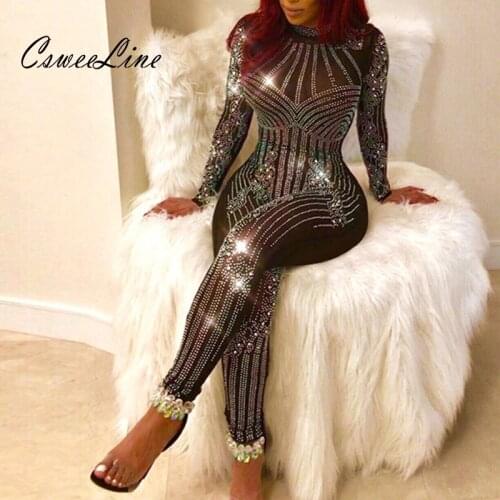 Long Sleeve Rhinestone Sexy Mesh Black Jumpsuit Body Femme Party Overalls Bodycon Women Fashion Club Wear Outfits Jumpsuits 2018