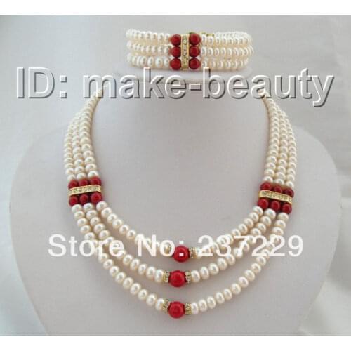 Wholesale price 3rows 8mm baroque white pearls red coral necklace bracelet a set
