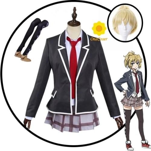 Anime High-Rise Invasion Cosplay Costume Mayuko Nise JK Uniform Tenkuu Shinpan Blond Wig Skirt Socks Tie Suit Party Girls Women