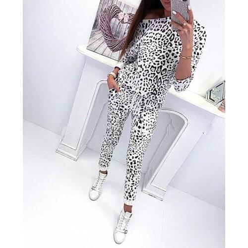 Vogue 2pcs women Leopard print Tracksuit leisure suit Long sleeve top pencil pants casaul sportswear sets female pants suits