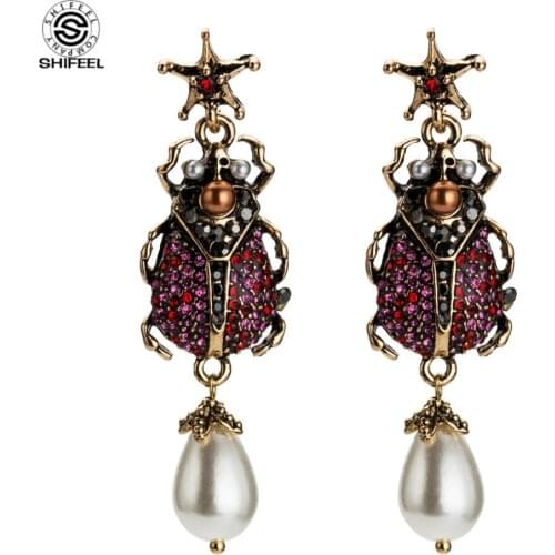 SHIFEEL Hot Sale Genuine Acrylic Pentagram Pearl Pendant Insect Animal Drop Earrings for Women Fine Jewelry Gift Pendients