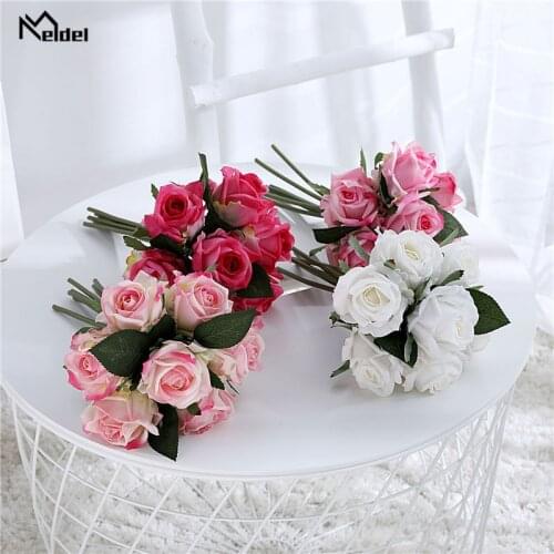 Meldel 7 Heads/1 Bundle Silk Rose Flowers Fake Bride Bouquet Flore for Wedding Home Party New Year Decoration Artificial Flowers
