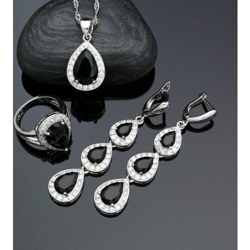Punk 925 Silver Jewelry Sets For Women Black Water Drop Stones White Crystal Long Earrings Ring Pendant Necklace Set