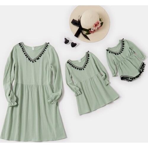 PatPat 2020 New Arrival Autumn and Spring Tassel Decor Solid Long-sleeve Dresses for Mommy and Me Family Matching Dresses