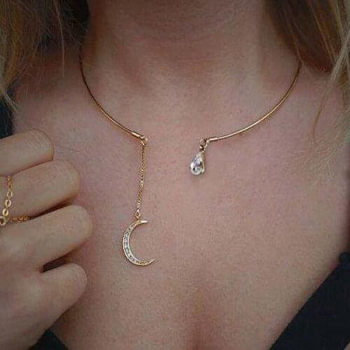 Bohemia Rhinestone Full Zircon Moon Pendants Collar Necklaces for Women Elegant Gold Silver Color Crystal Circle Choker Necklace