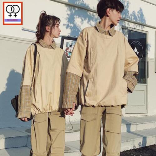Matching Couple Clothes Lover Casual Preppy Style Korean Couple T-Shirts Holiday Date Wear Patchwork Plaid Top Faux Two Piece