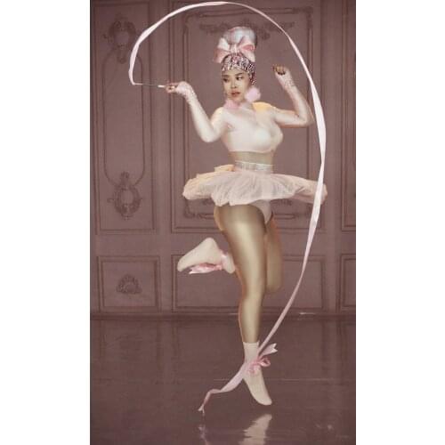 Hot sexy Costume Cute Pink Dress Stage Stretch Dance Bodysuit Female Singer Dancer Nightclub Party Show Bodysuit Womens Outfit