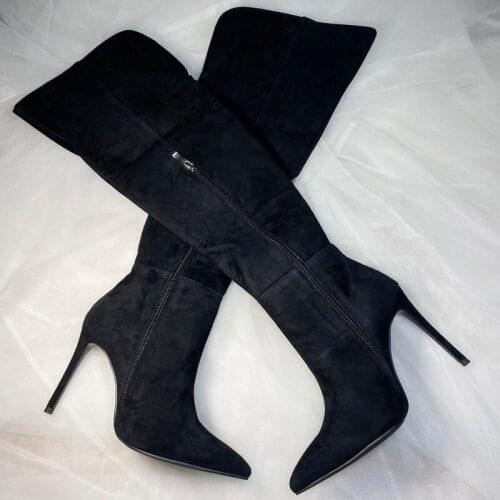 Sexy Black Suede Tight High Boots Pointed Toe Stiletto Heels Tall Boots Zipper Stretch Knee High Boots High Heels Party Shoes