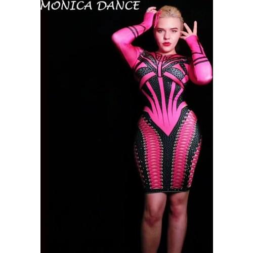 Sexy Rose Stones Stretch Dress Women Dance Dress Outfit Stage Wear Sparkly Rhinestones Costume Birthday Prom One Piece Dress