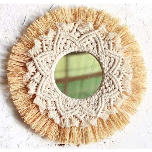 Farmhouse Macrame Straw Mirror Woven Wall Boho Decor Hand-woven Mirror Wall Decoration Acrylic Mirror Nordic Decotativos Espejo