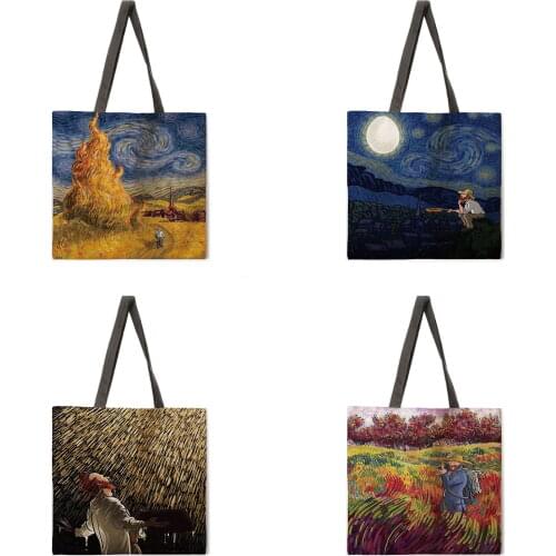 Van Gogh walks into the picture Printed tote bag Ladies casual tote bag Ladies shoulder bag Foldable shopping bag Outdoor beach